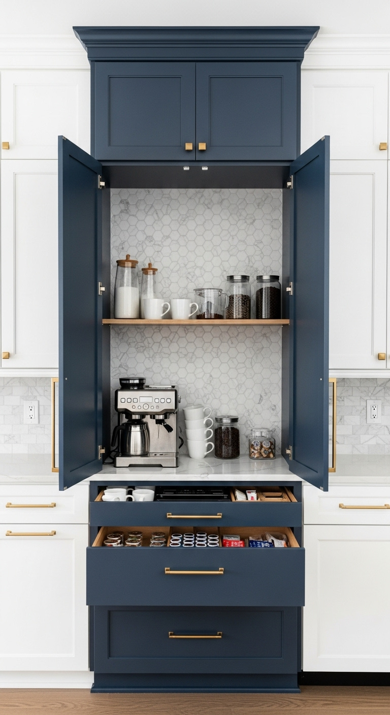 Modern wood slat wall coffee bar with warm oak slats black espresso machine white mugs a small succulent and under cabinet LED lighting on white quartz