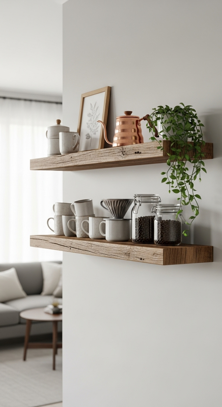 Modern wood slat wall coffee bar with warm oak slats black espresso machine white mugs a small succulent and under cabinet LED lighting on white quartz
