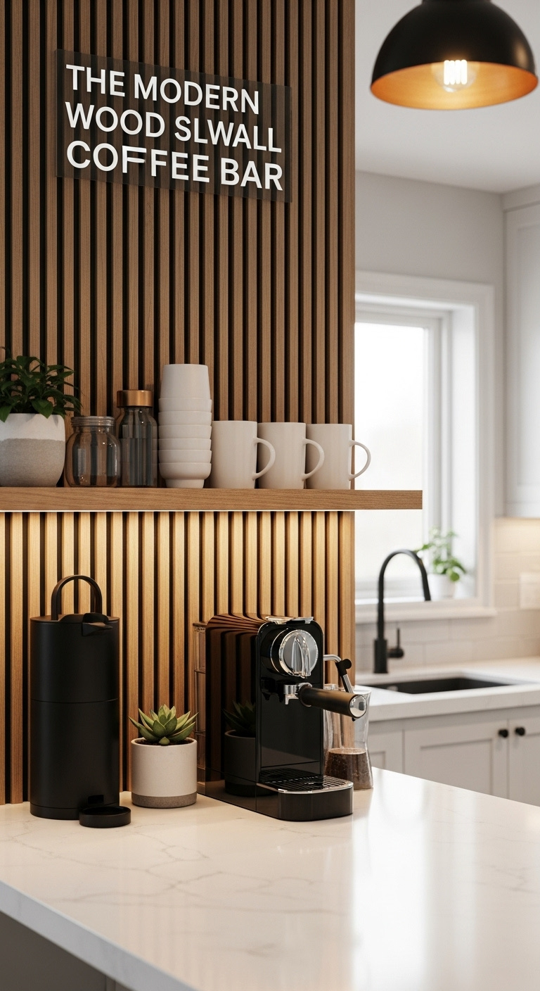 Modern wood slat wall coffee bar with warm oak slats black espresso machine white mugs a small succulent and under cabinet LED lighting on white quartz