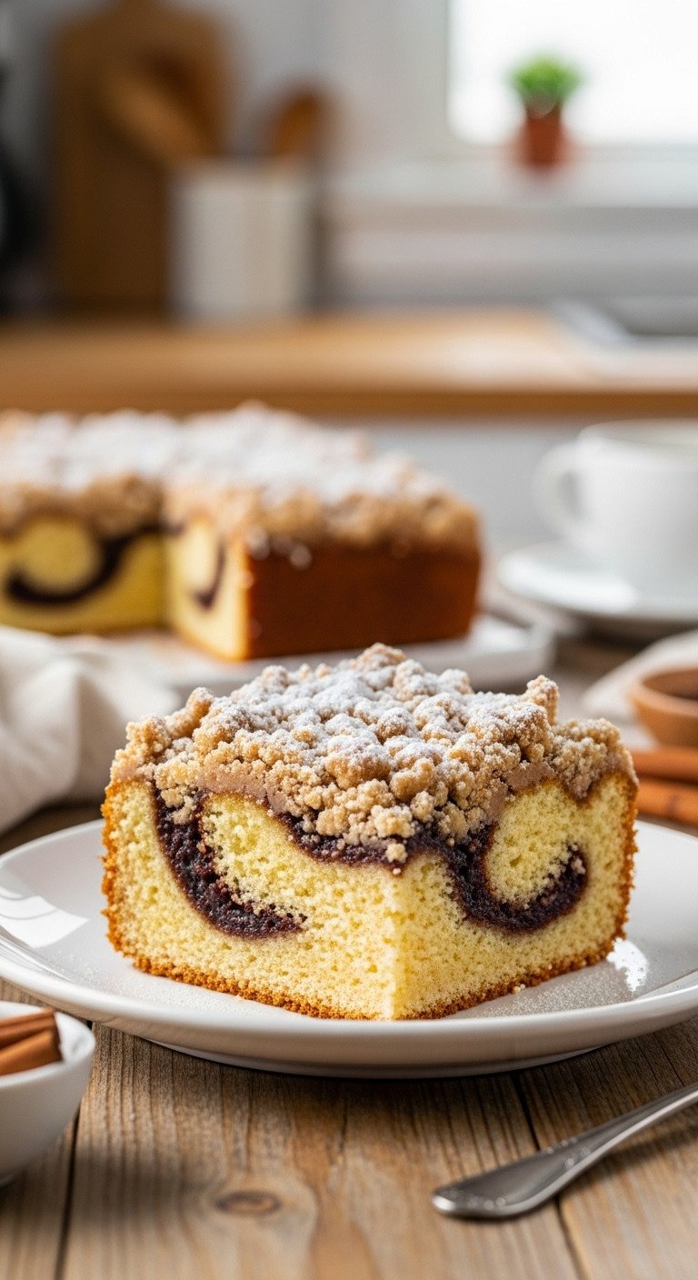 Moist coffee cake slice with cinnamon swirl and crunchy streusel on a white plate with powdered sugar and cinnamon sticks