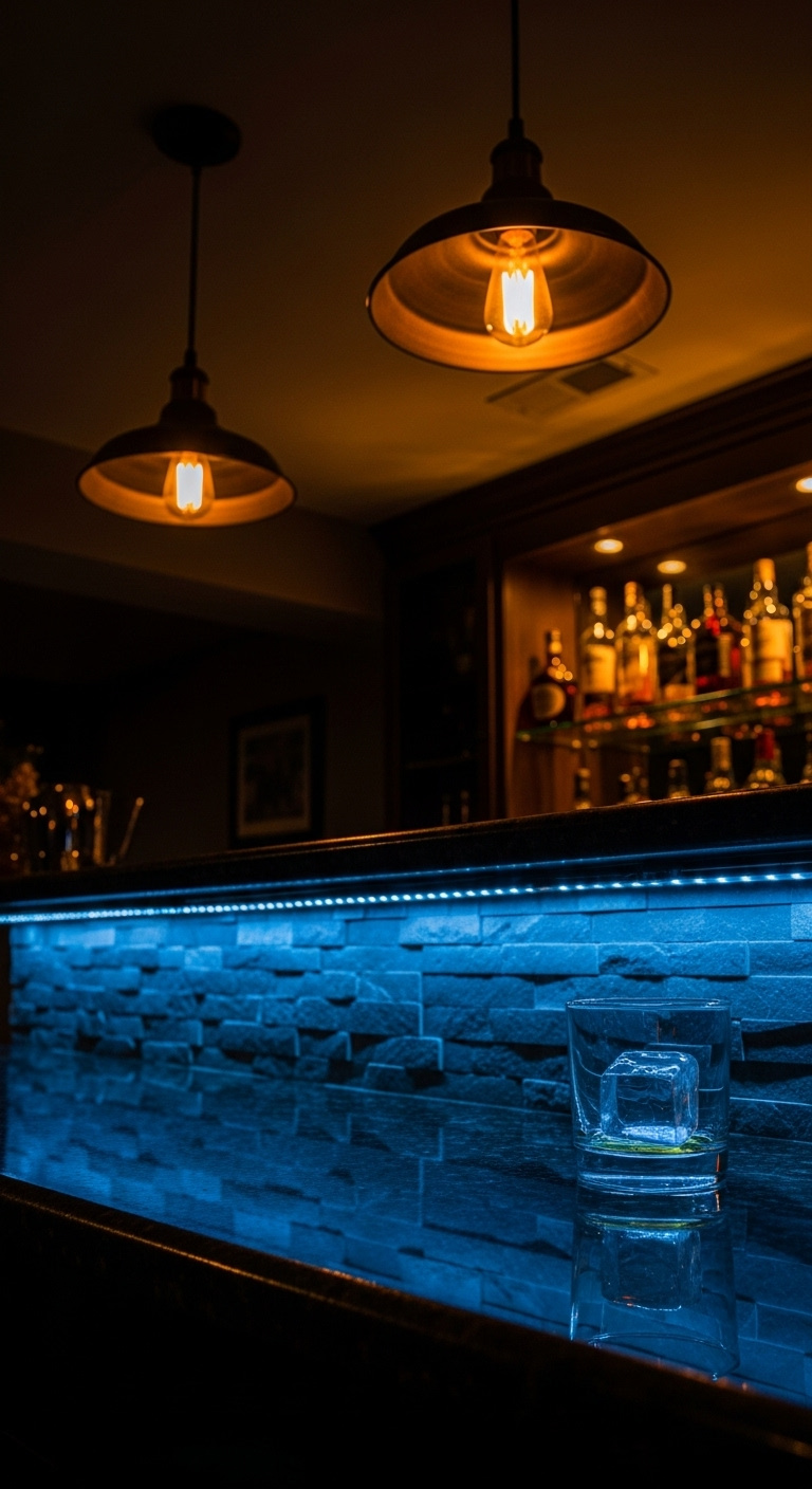 Moody basement bar with cool blue under counter LED lighting and warm Edison bulb pendants illuminating whiskey bottles on dark granite