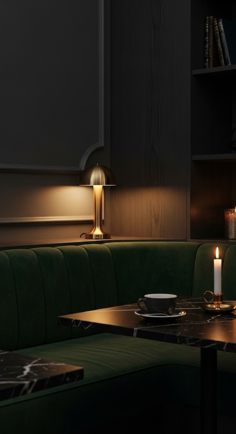 Moody intimate hideaway coffee shop interior with dark green velvet booth charcoal gray wall and brass table lamp