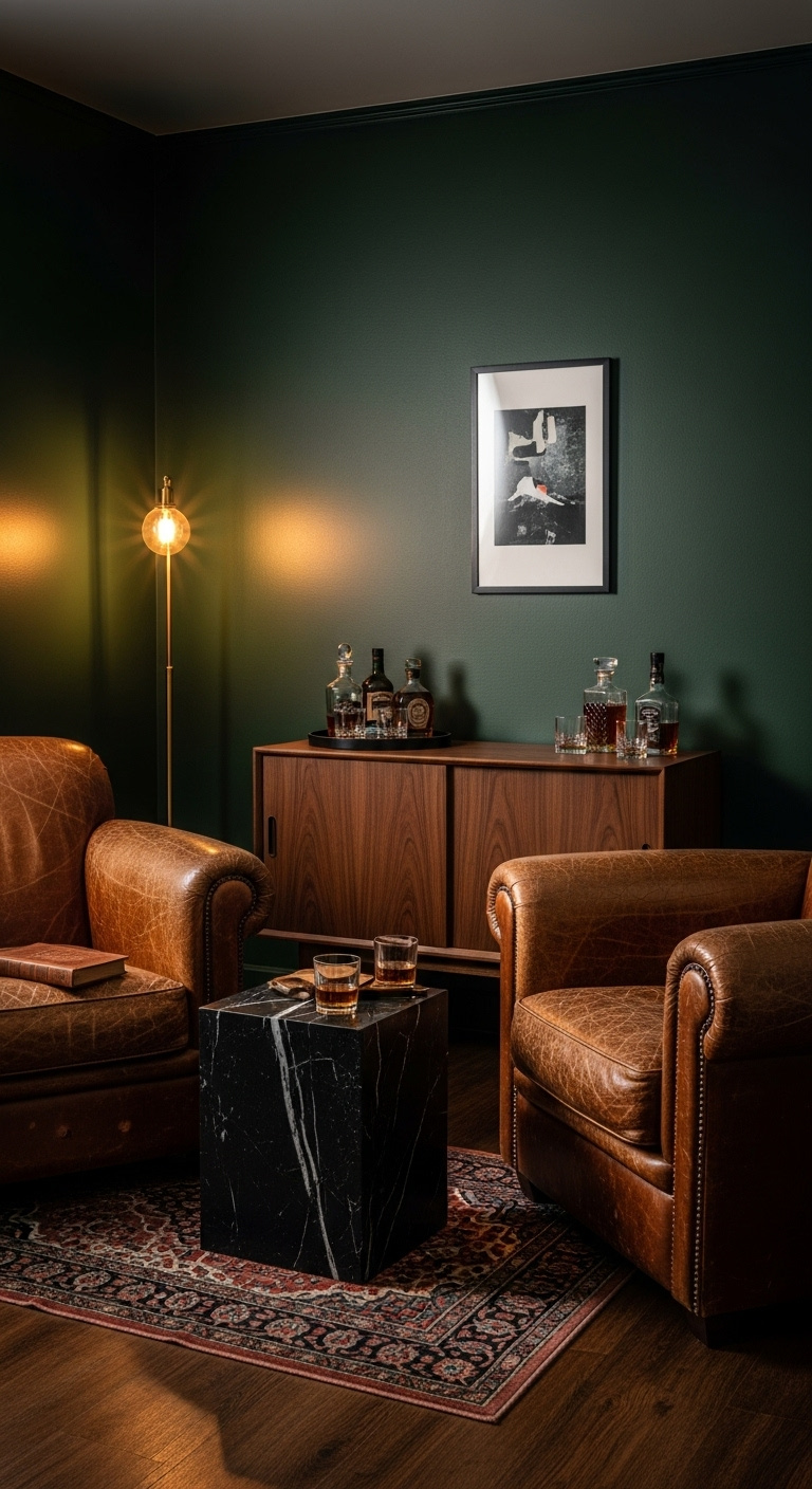 Moody themed lounge corner with dark green walls leather armchairs Persian rug and credenza bar