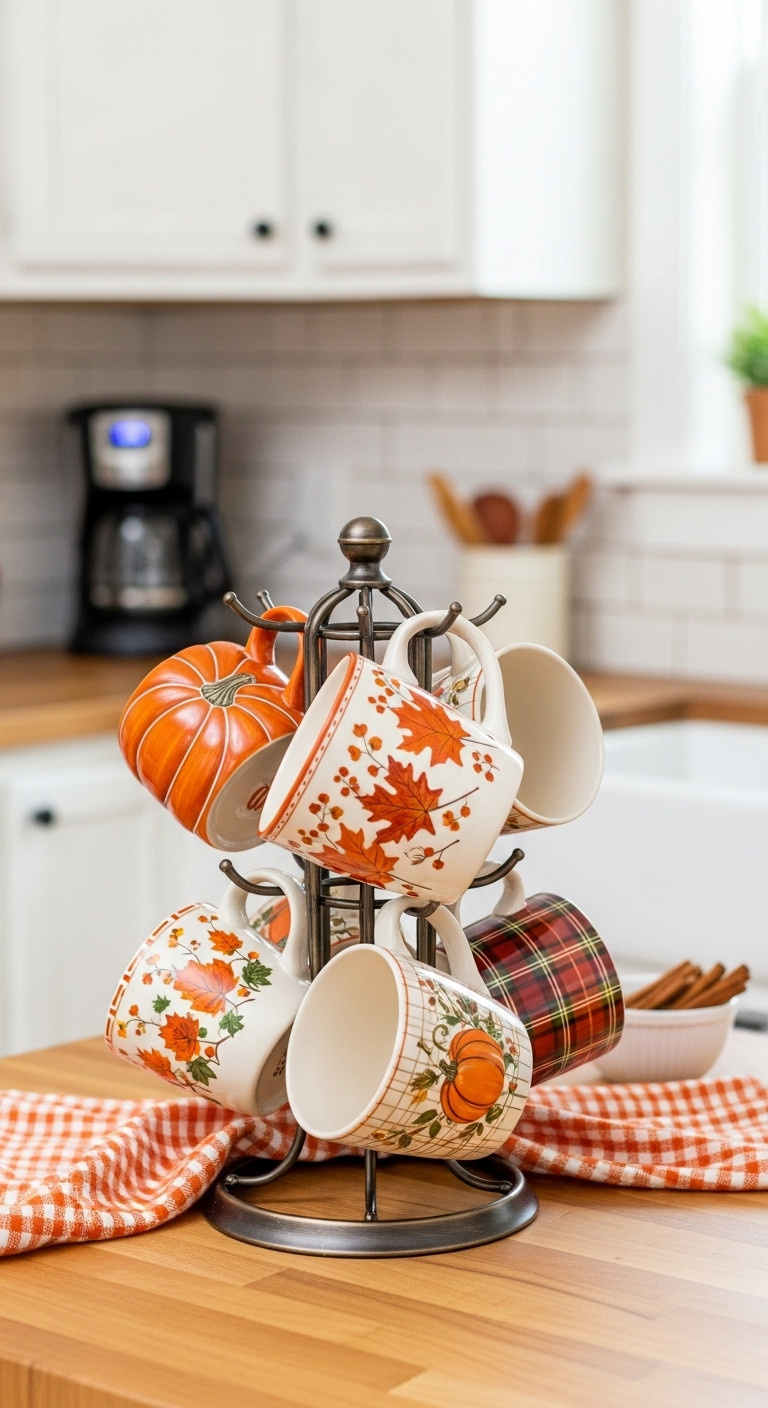 Mug collector's showcase with a dark bronze mug tree displaying six fall-themed mugs on a butcher block counter