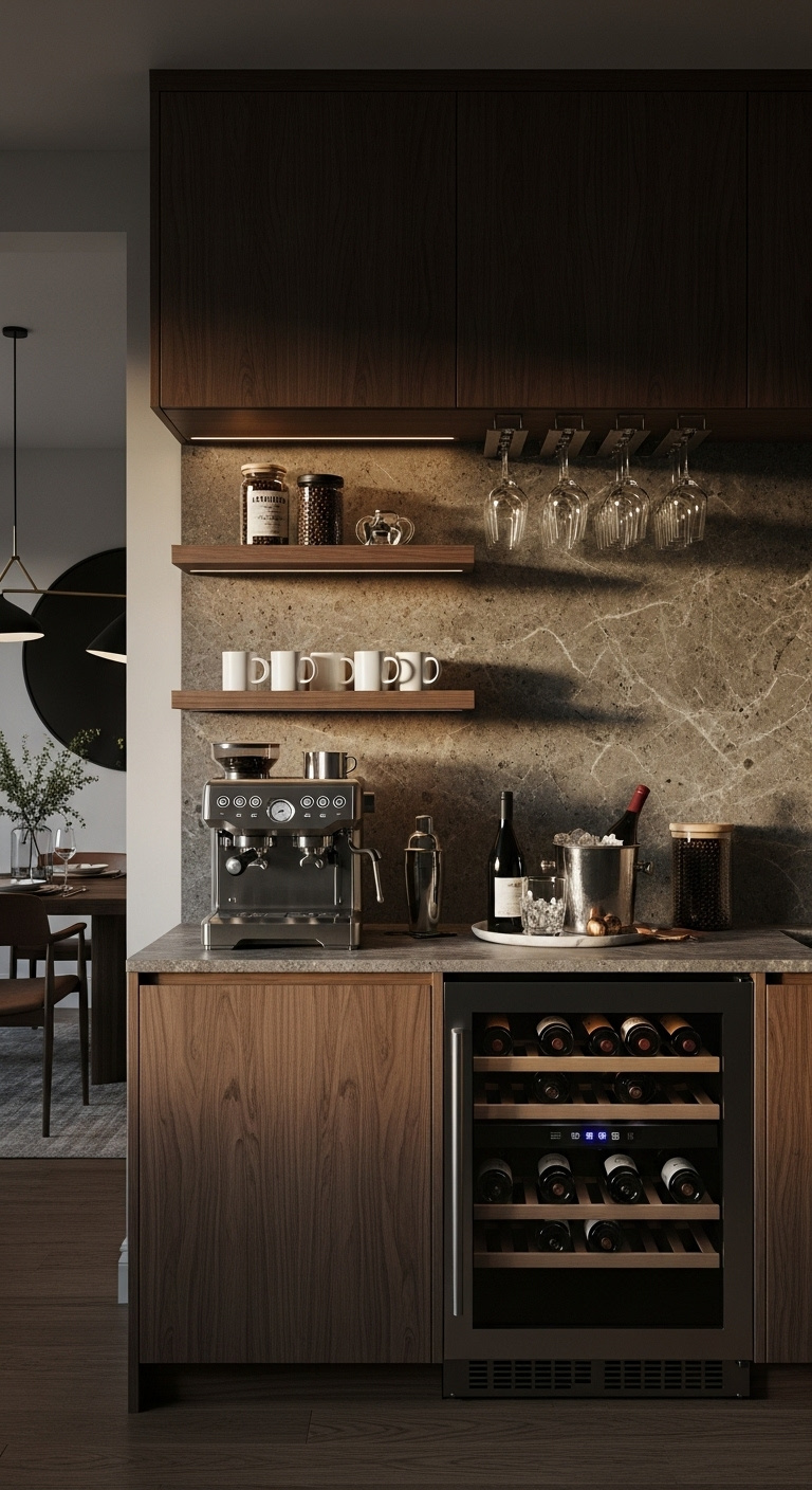 Multi-functional beverage station with dark walnut cabinets, stone countertop, espresso machine, wine fridge, and wine glasses