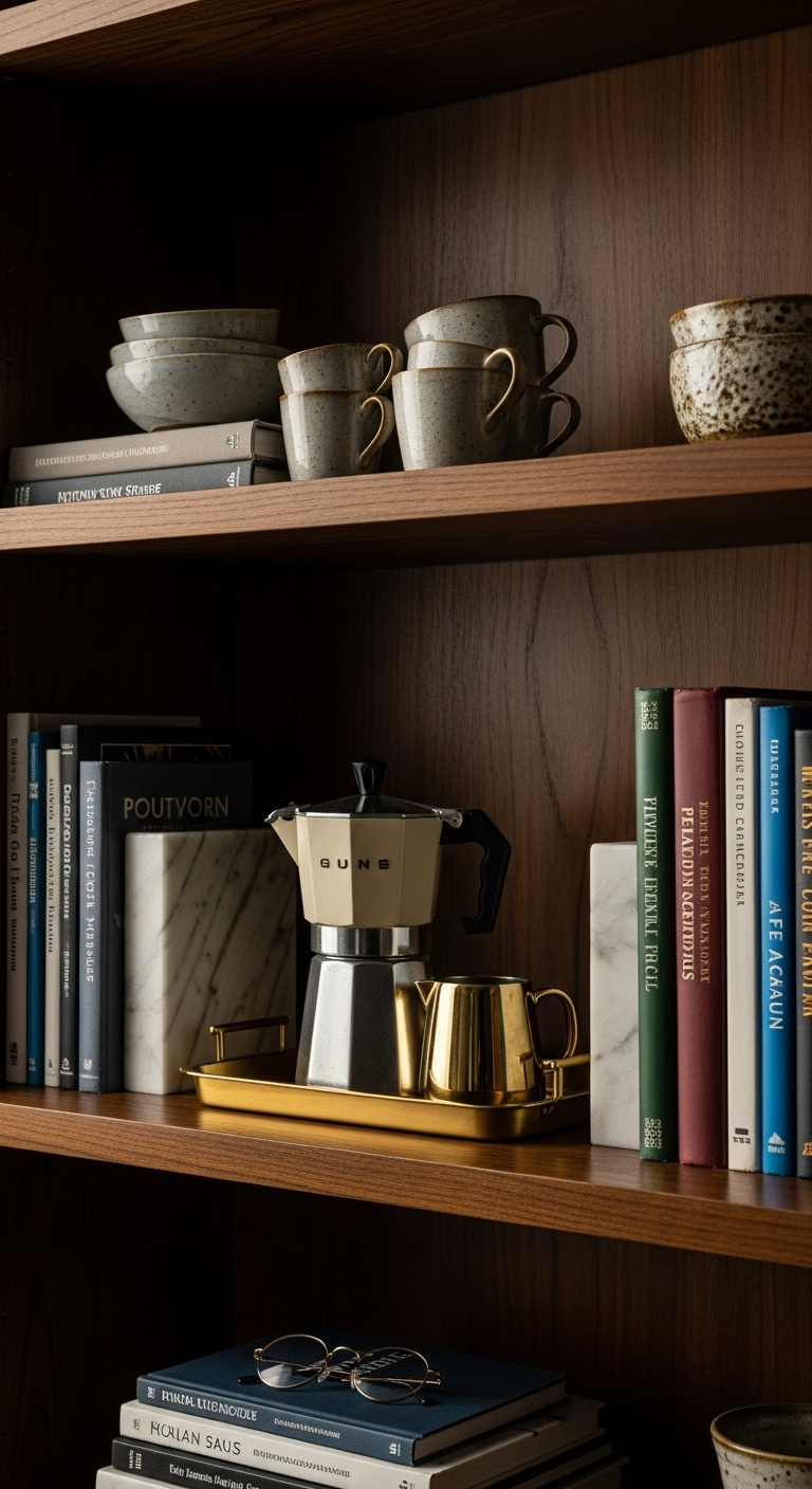 Multi-functional bookshelf coffee bar with retro coffee maker gold tray and stacks of books