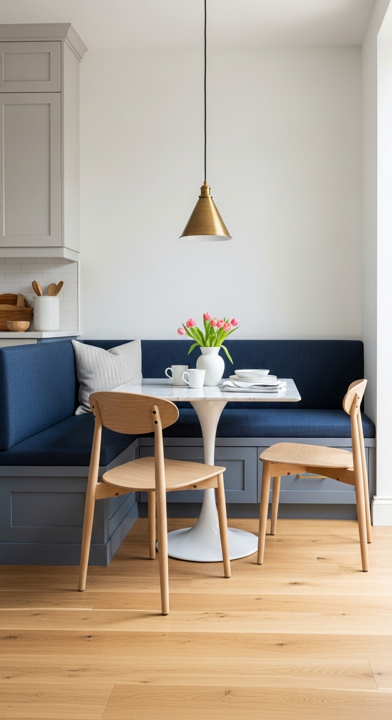Multi-functional dining nook with navy banquette marble table and light wood chairs next to kitchen