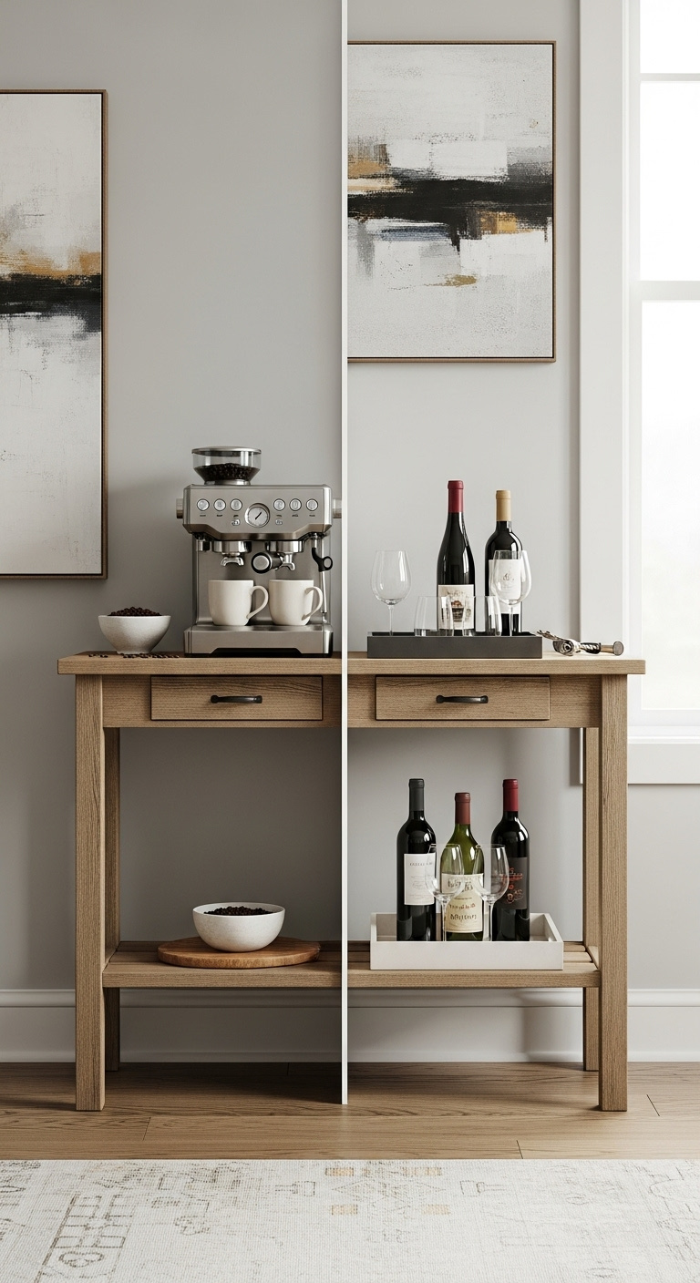 Multi functional rustic console table serving as both a minimalist coffee bar and wine station in a bright room