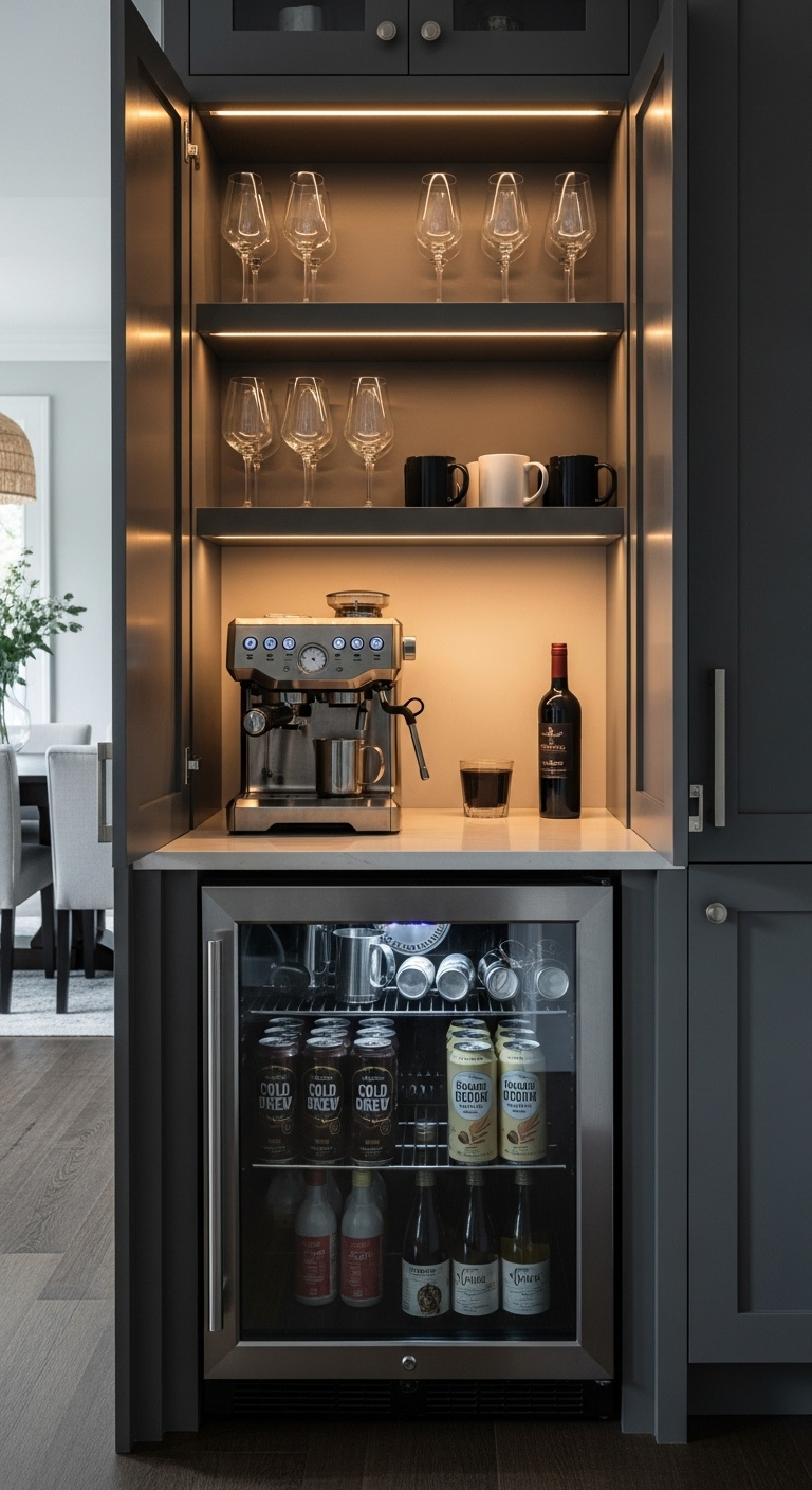 Multi-use beverage center with mini-fridge espresso machine and shelving for mugs and wine glasses