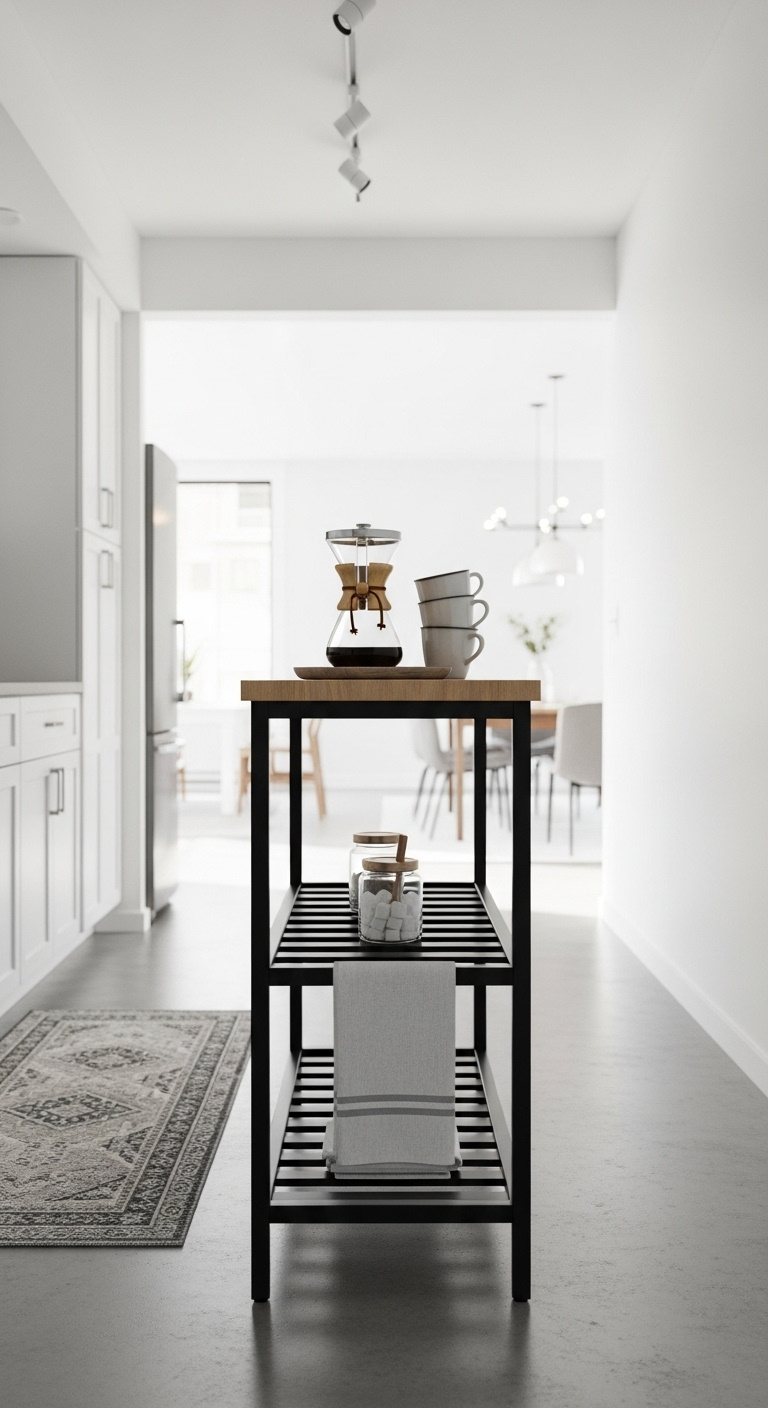 Narrow black metal and light wood island in a galley kitchen with a Chemex coffee maker and stacked mugs
