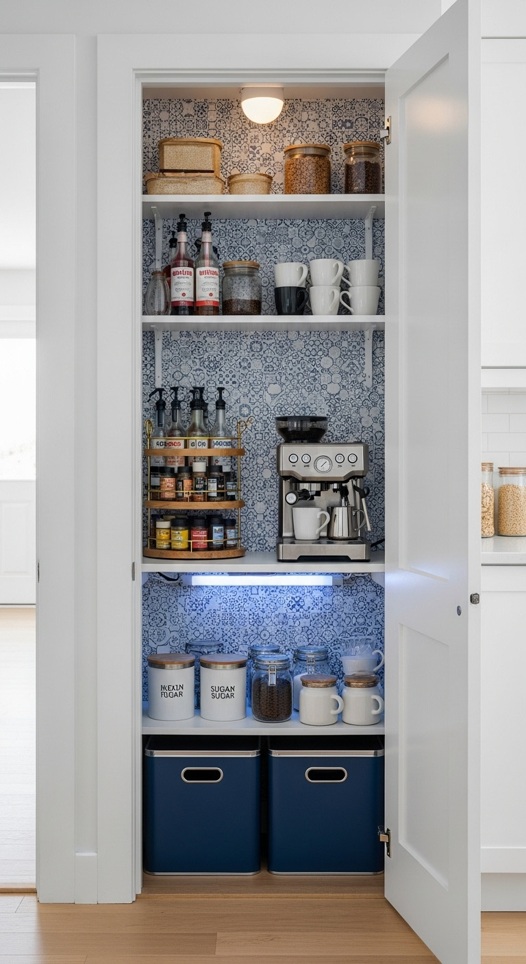 Narrow closet converted into a complete coffee bar with a machine syrups canisters and mugs on organized shelves