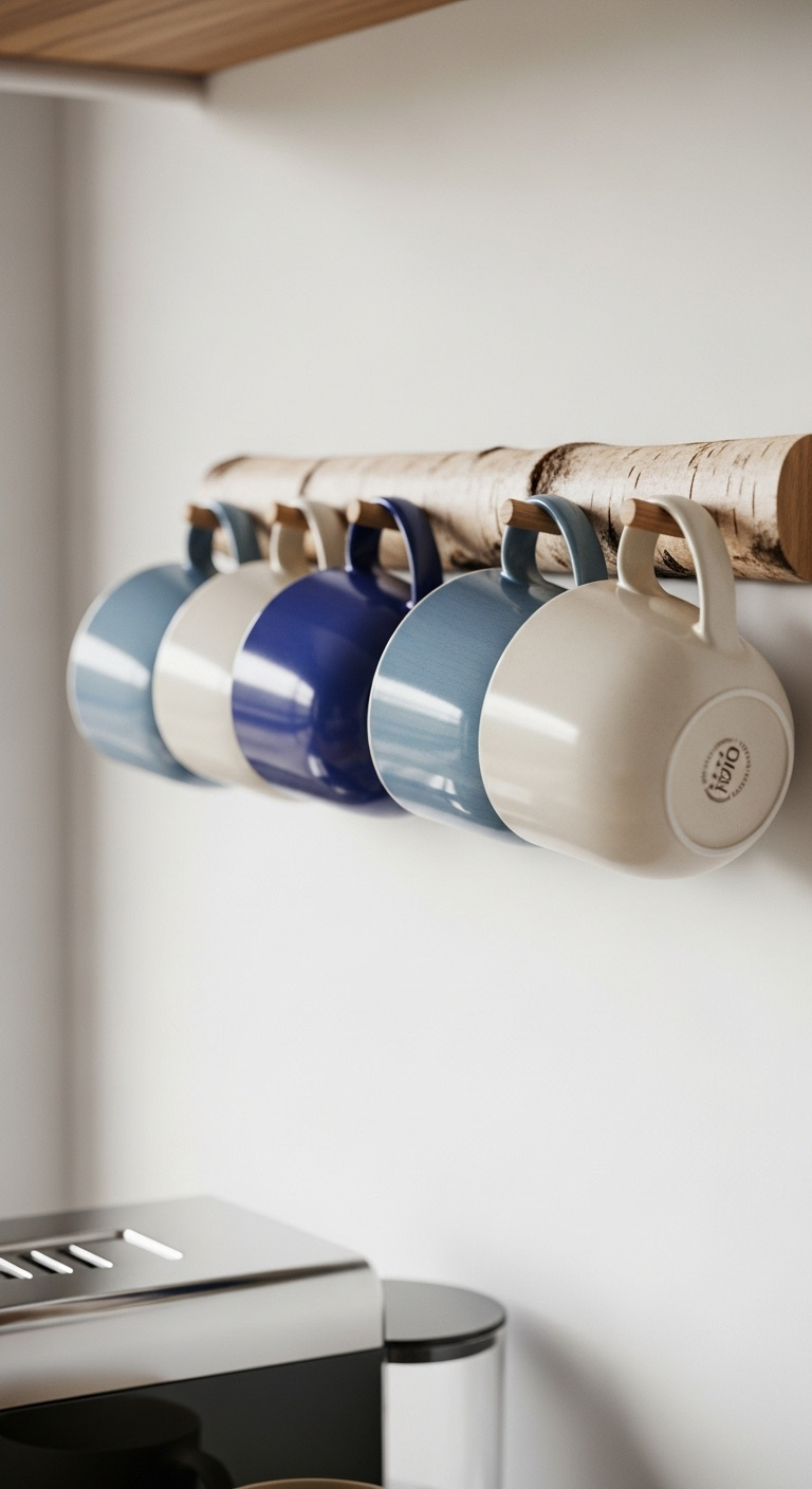 Natural birch wood peg rack displaying artisanal blue and cream ceramic mugs above coffee station