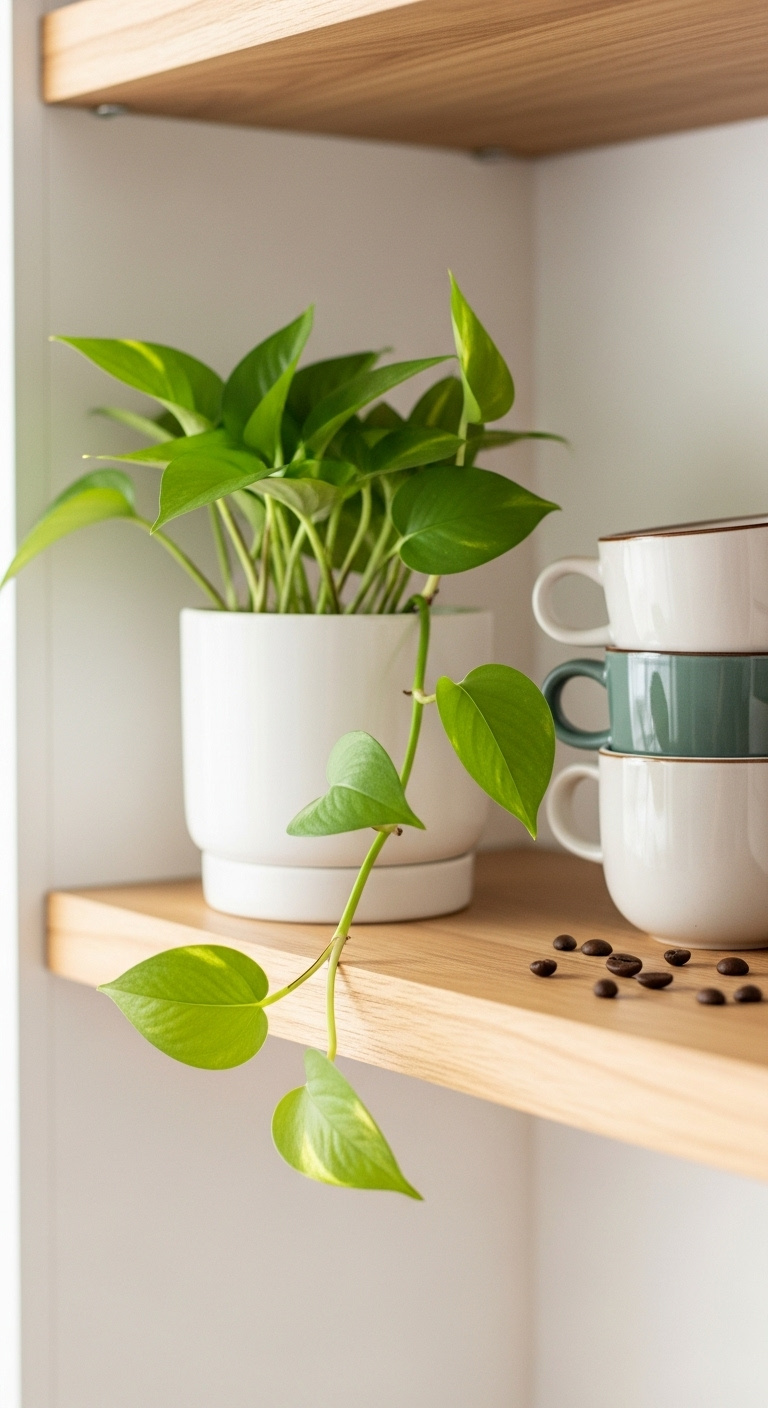 Natural greenery on coffee bar with vibrant green pothos plant in white ceramic pot next to coffee mugs on wood shelf