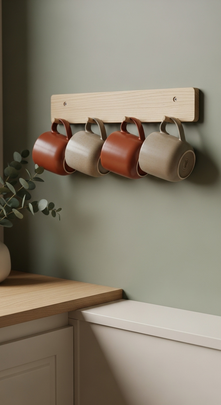 Natural light wood peg rack with earth toned ceramic mugs mounted on a sage green wall above a cream sideboard