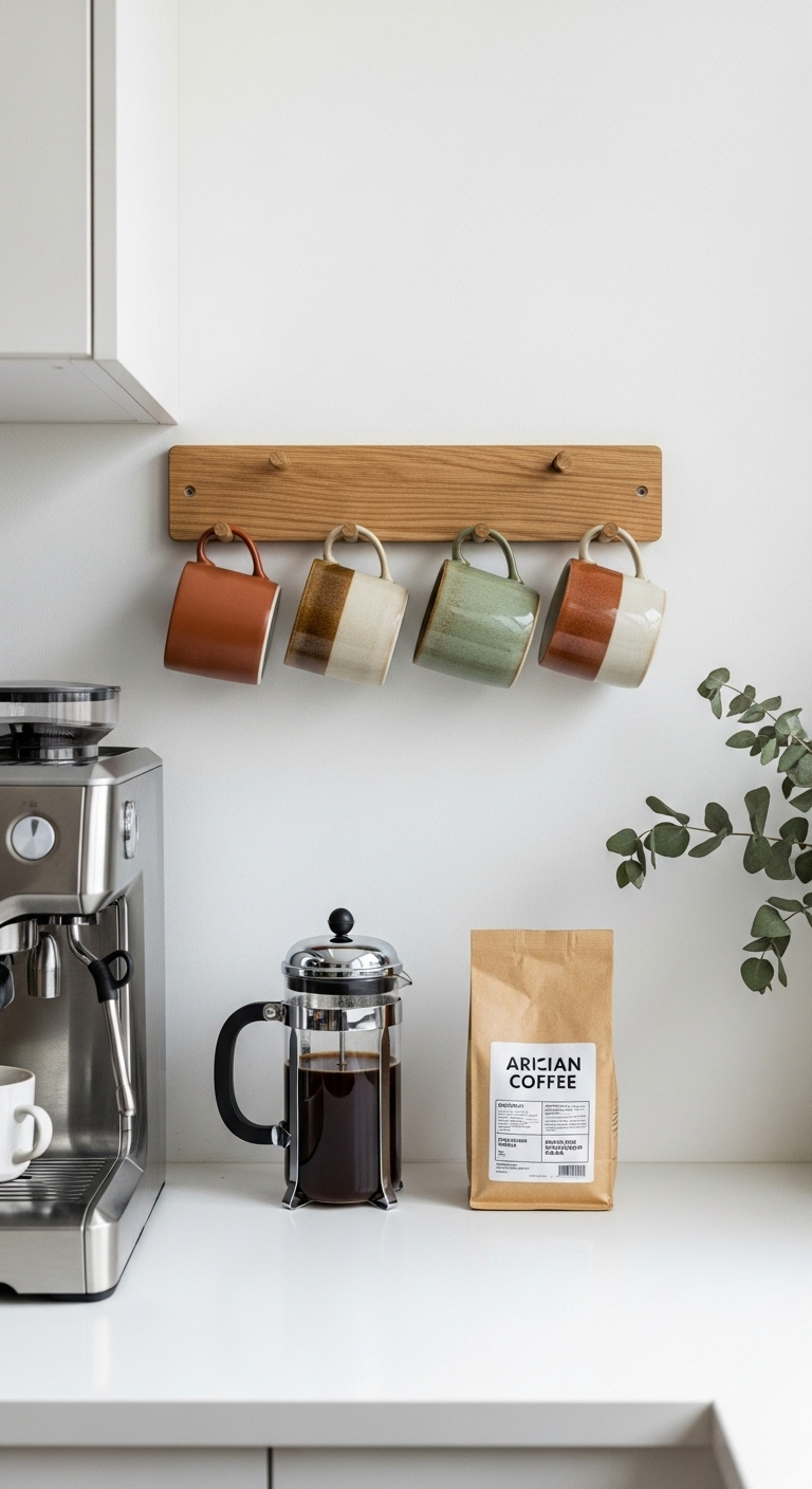Natural oak Shaker-style peg rack on a white kitchen wall displaying earth-toned ceramic mugs above a coffee station