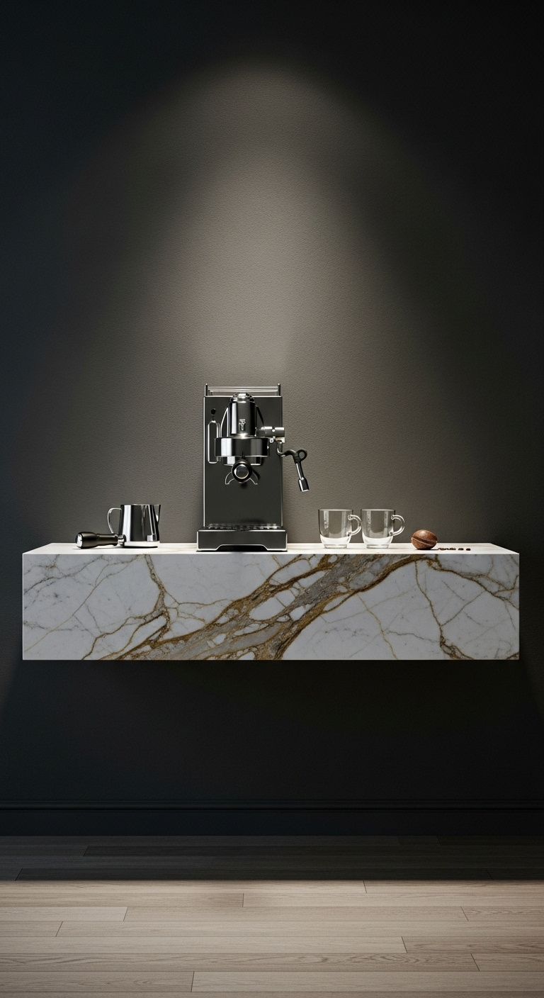 Natural stone luxury ledge with Calacatta gold marble chrome espresso machine and elegant glass cups