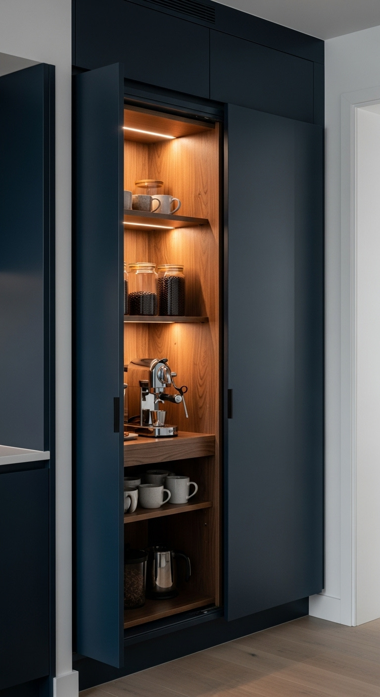 Navy blue built-in cabinet with pocket doors open revealing a warm walnut luxury coffee station inside with LED lighting