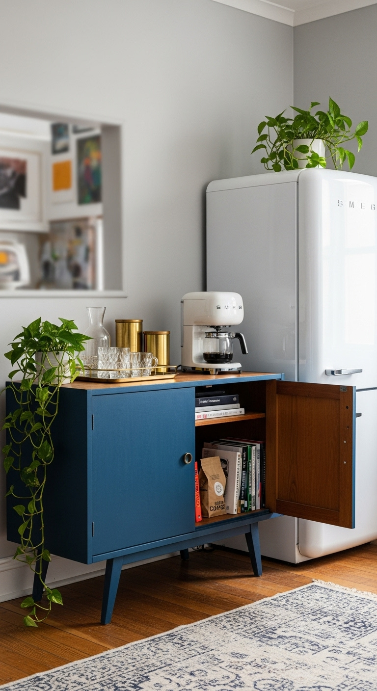 Navy blue midcentury modern sideboard coffee station with retro coffee maker brass canisters and glassware next to a white refrigerator