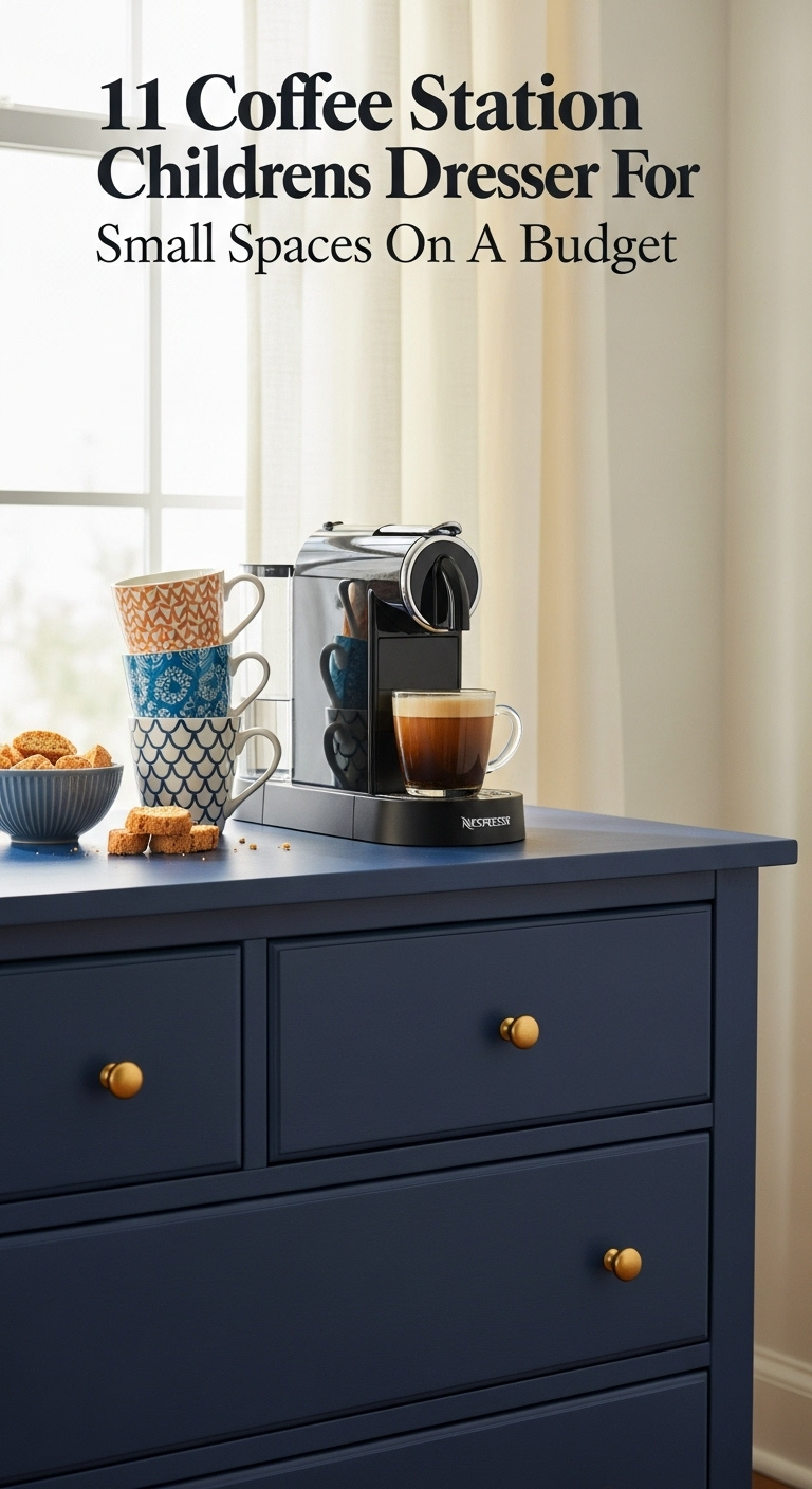 Navy blue upcycled children's dresser with gold knobs as a coffee station with a Nespresso machine and colorful mugs