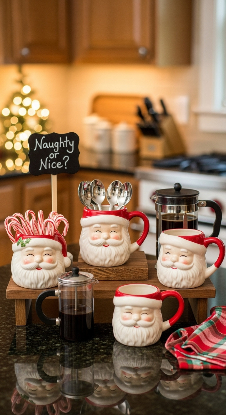 Nostalgic Christmas coffee corner with vintage Santa Claus mugs filled with candy canes and coffee spoons