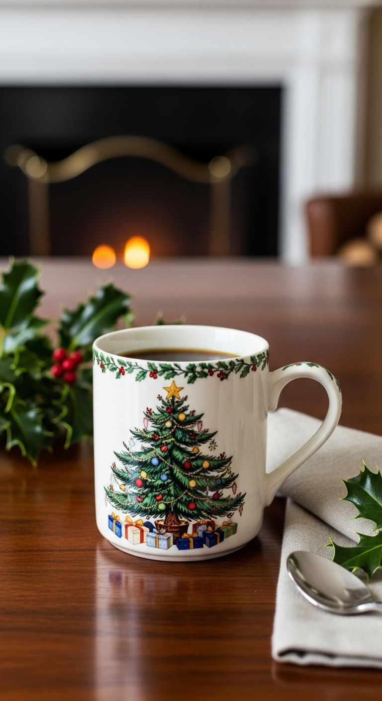 Nostalgic ceramic Christmas tree mug with black coffee, holly, and a linen napkin on a dark wood table by a fireplace
