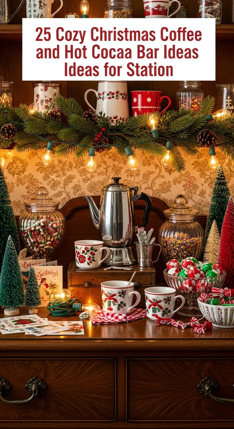Nostalgic coffee bar with vintage percolator antique mugs old fashioned candy jars and classic C9 Christmas bulbs