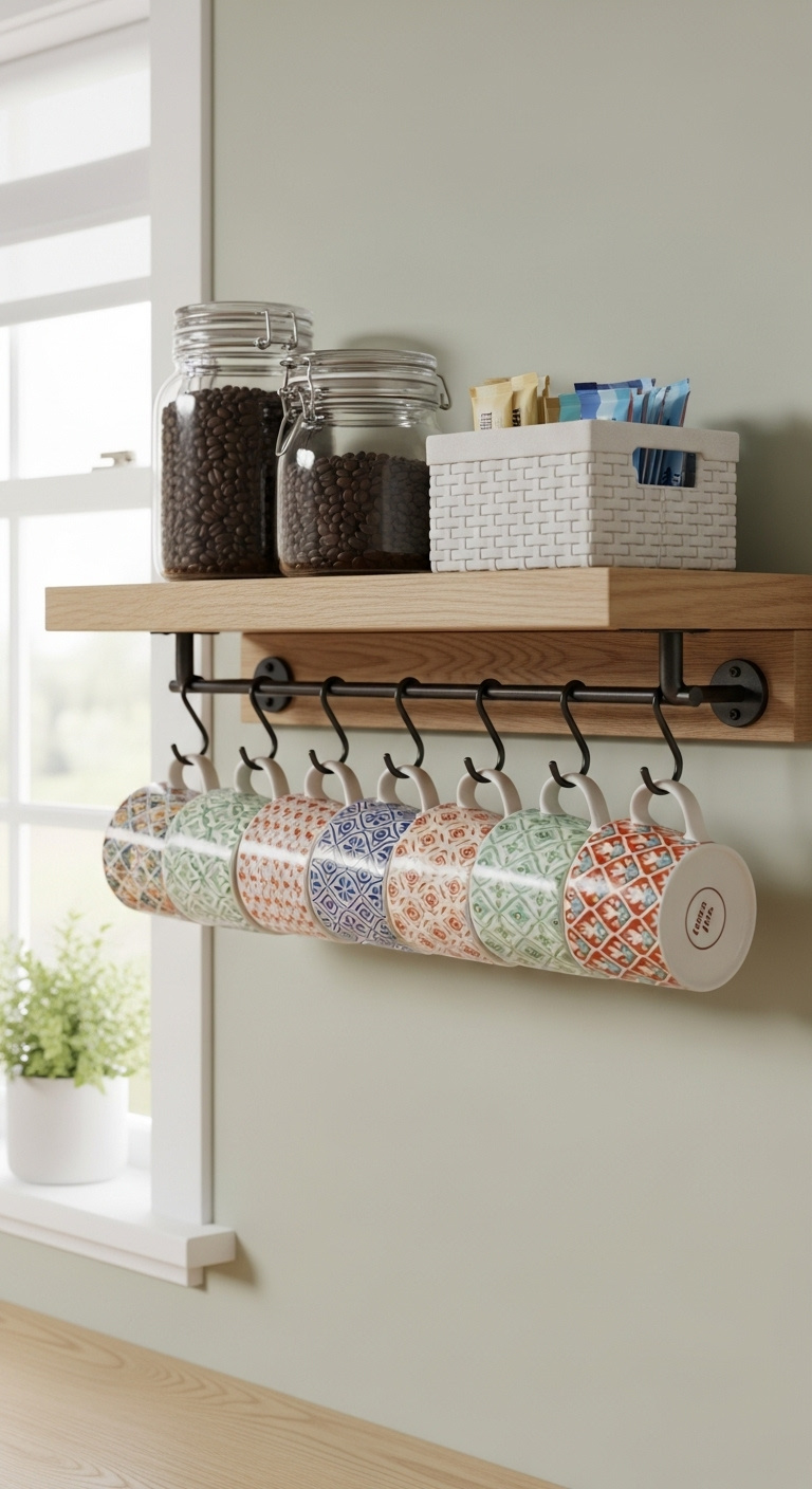 Oak floating shelf with black metal hooks displaying colorful ceramic mugs and coffee supplies on a sage green wall