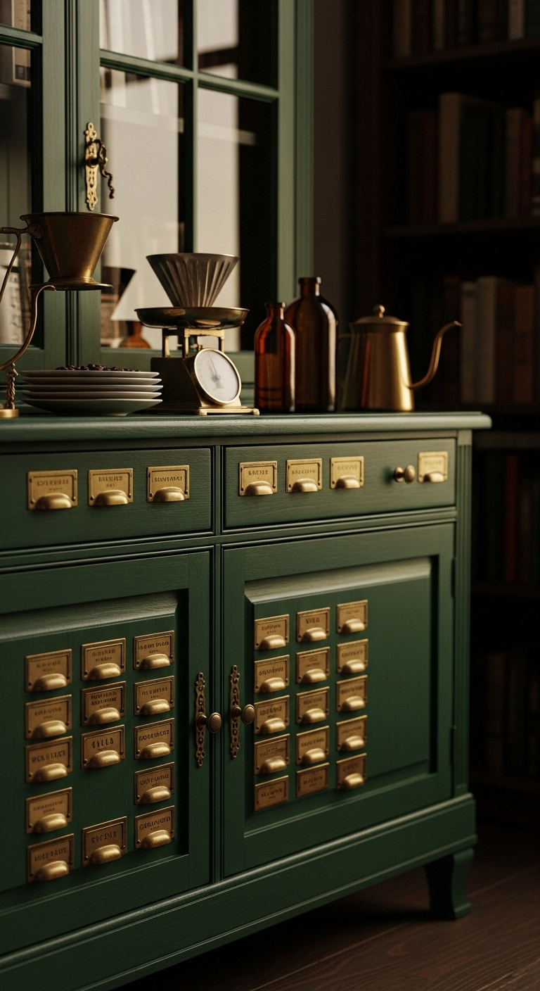 Old china cabinet painted deep forest green with antique brass card catalog pulls transformed into an apothecary coffee bar