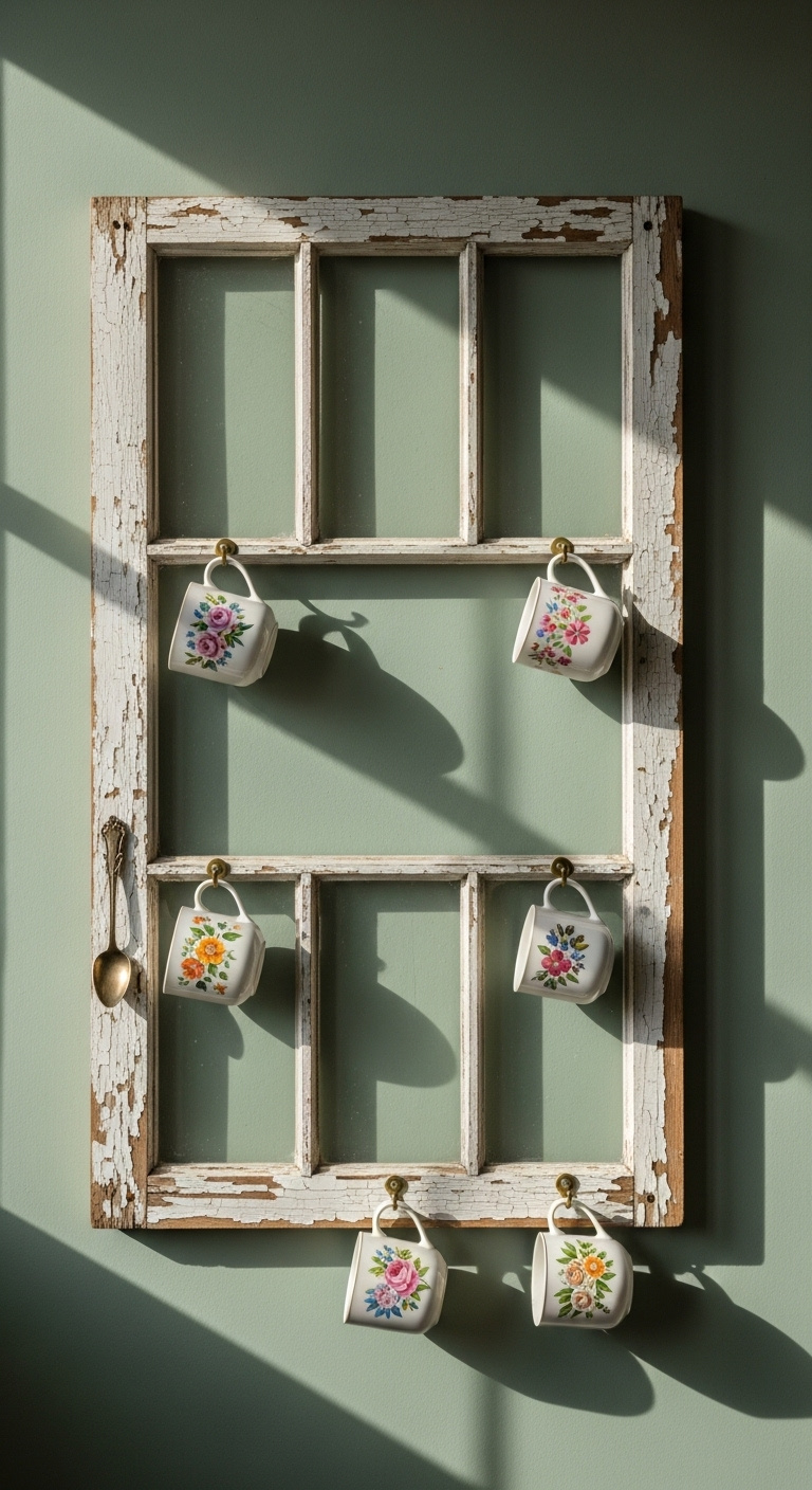 Old multi pane window frame with peeling white paint repurposed as a mug holder with vintage floral mugs on a sage green wall