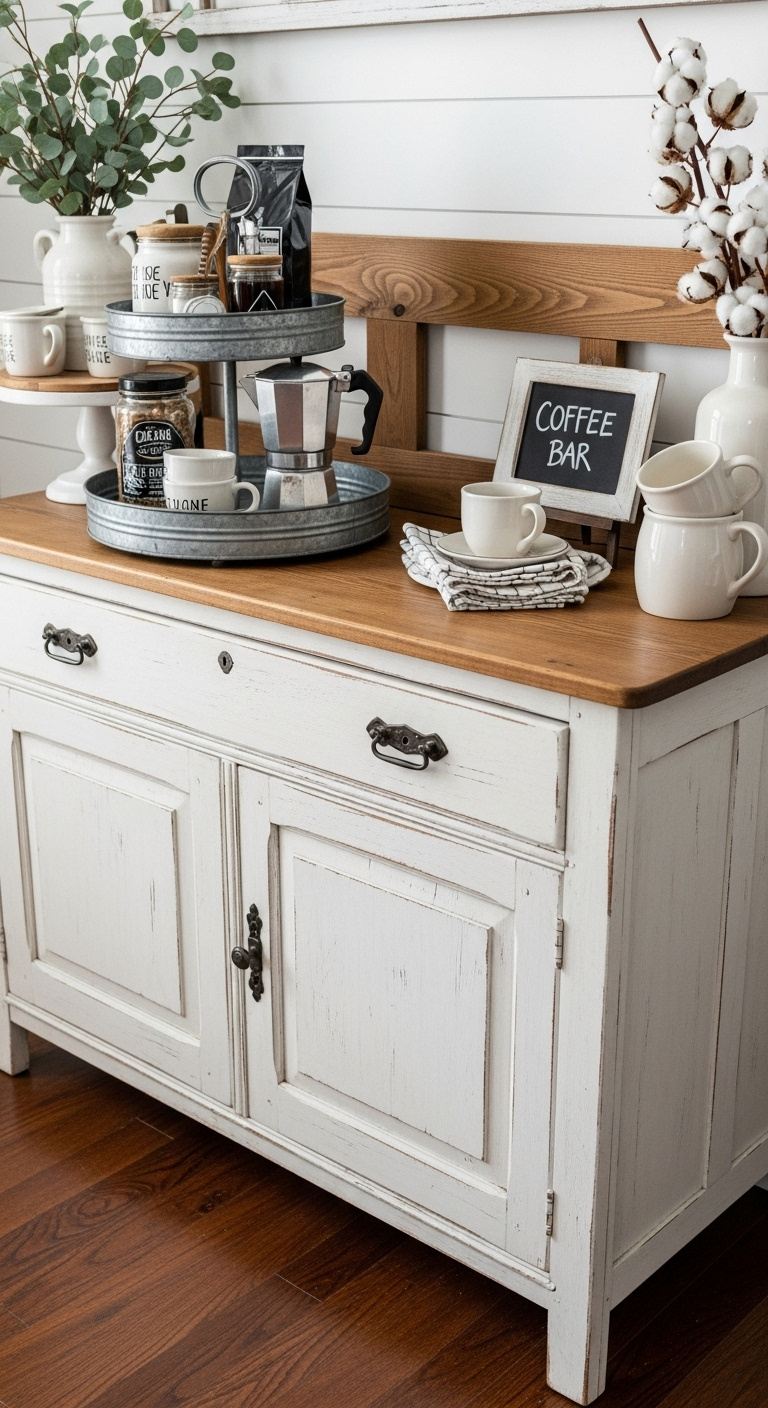 Old wooden buffet with distressed white paint and natural wood top styled as a rustic farmhouse coffee station