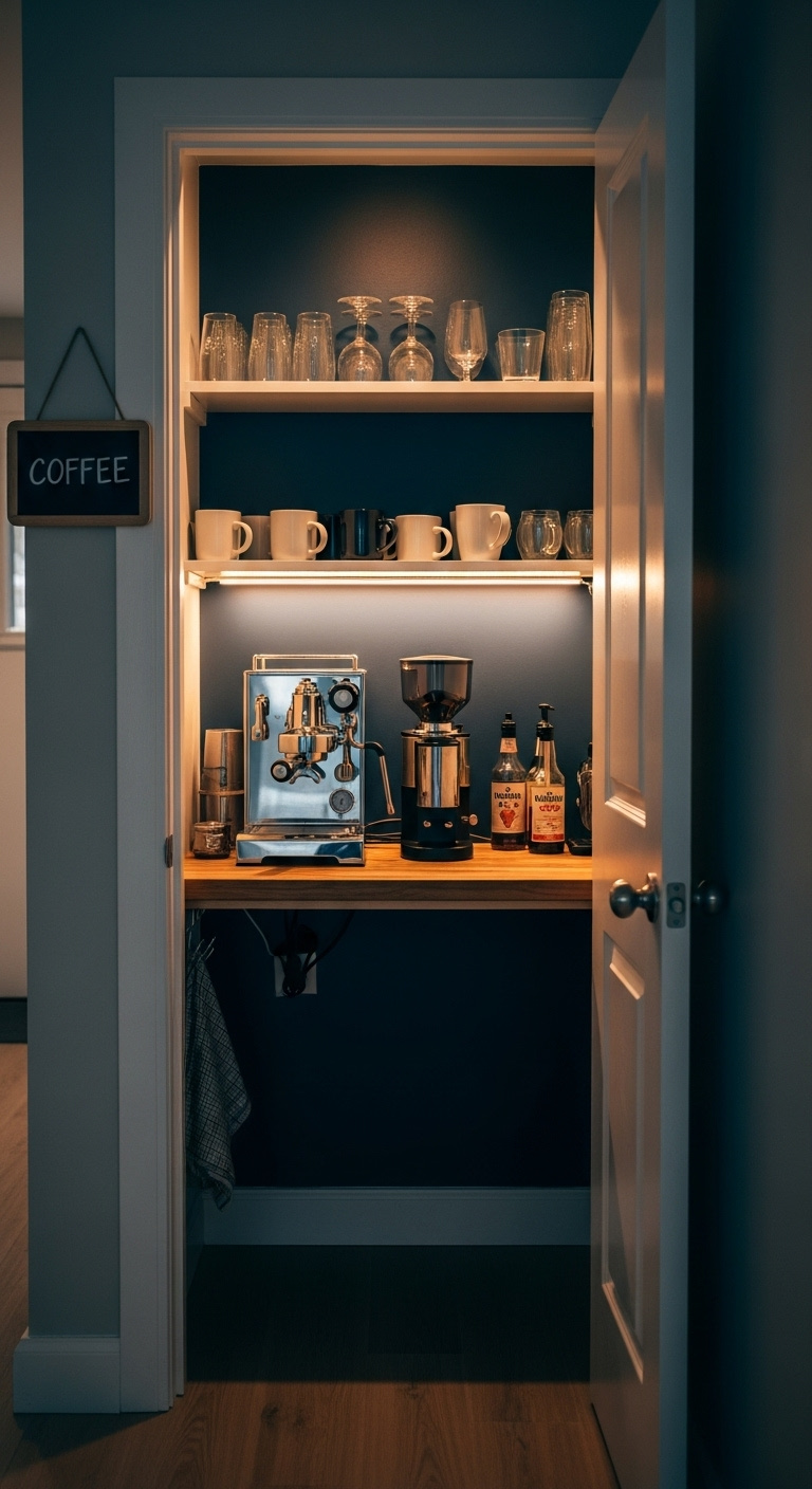 Open closet converted into a coffee bar with a deep navy wall butcher block counter espresso machine shelves and glassware