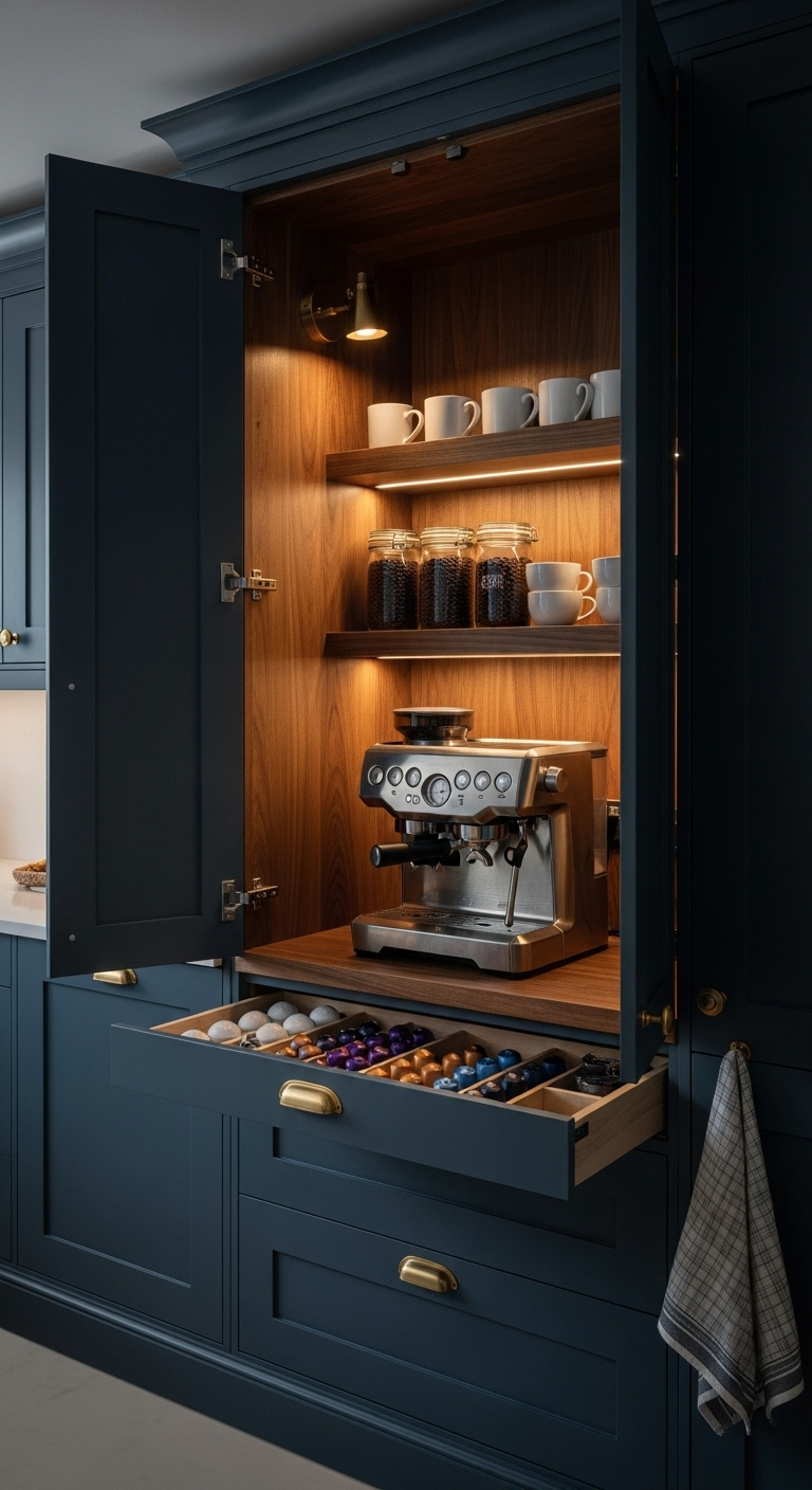 Open dark blue shaker-style bifold cabinet doors revealing an organized coffee station with espresso machine floating shelves mugs and coffee pods