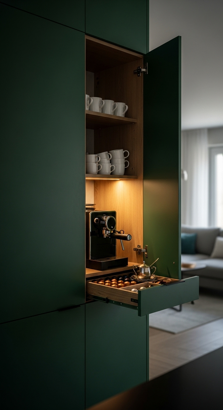 Open dark green kitchen cabinet revealing a hidden organized coffee bar with built-in espresso machine pods and white mugs