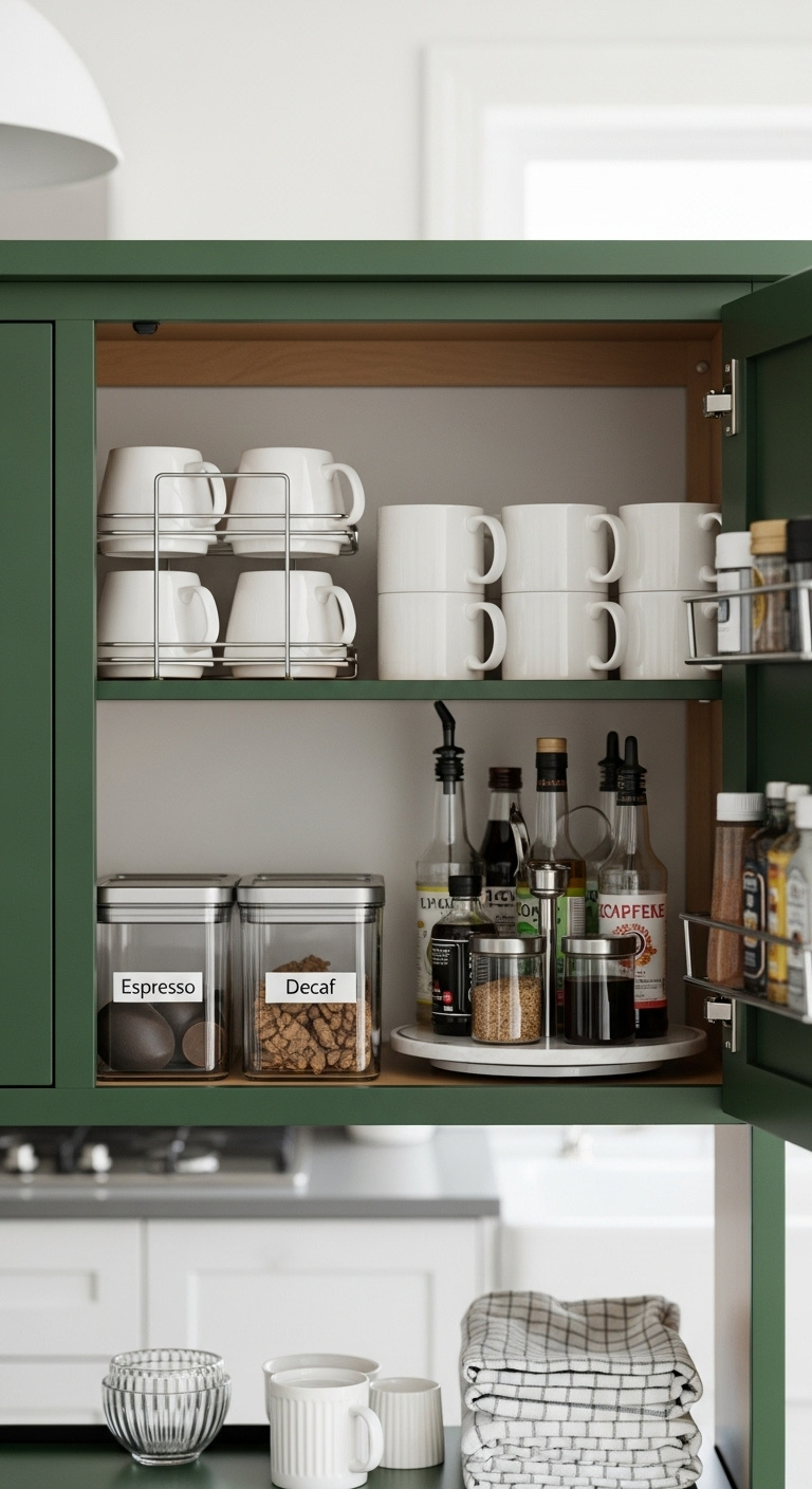 Open dark green sideboard cabinet revealing perfectly organized coffee bar interior with stacked mugs labeled containers and syrups