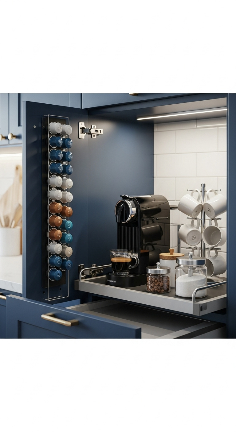 Open kitchen cabinet revealing a beautifully organized coffee station inside with a Nespresso machine and mug tree