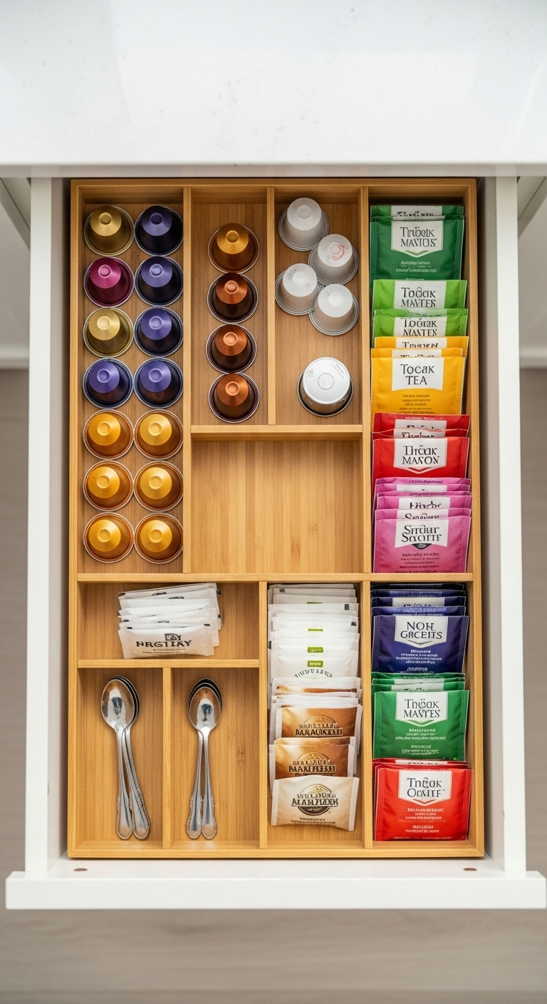 Open kitchen drawer revealing perfectly organized coffee and tea supplies using bamboo dividers and colorful pods