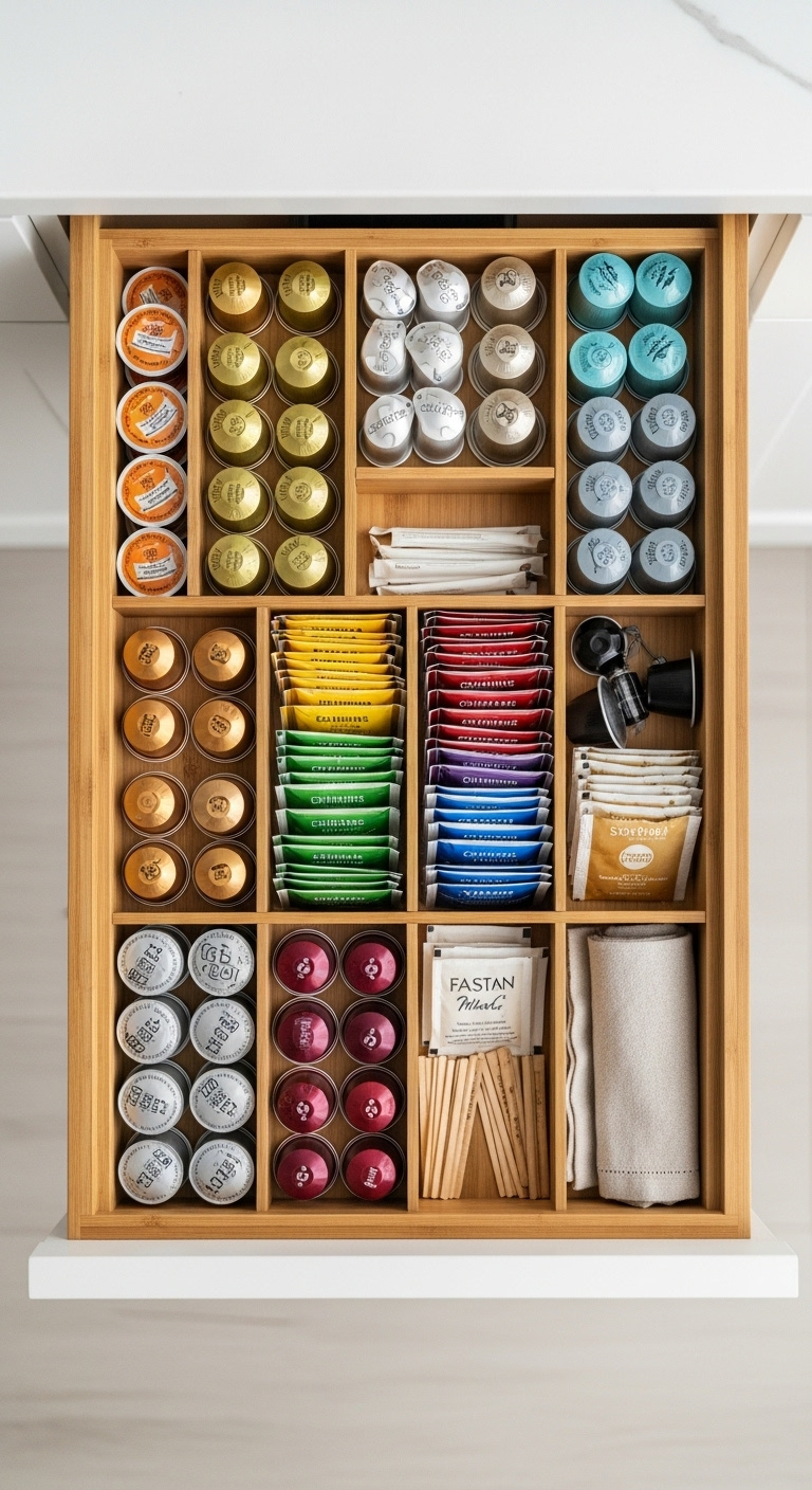 Open kitchen drawer with a bamboo organizer filled with colorful coffee pods tea bags sugar packets and wooden stir sticks