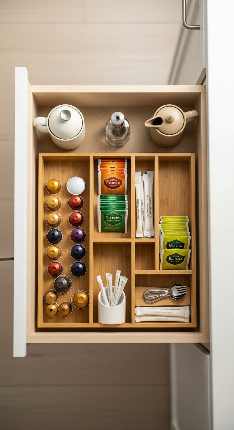 Open kitchen drawer with bamboo dividers perfectly organizing coffee pods tea bags sugar packets and stirrers