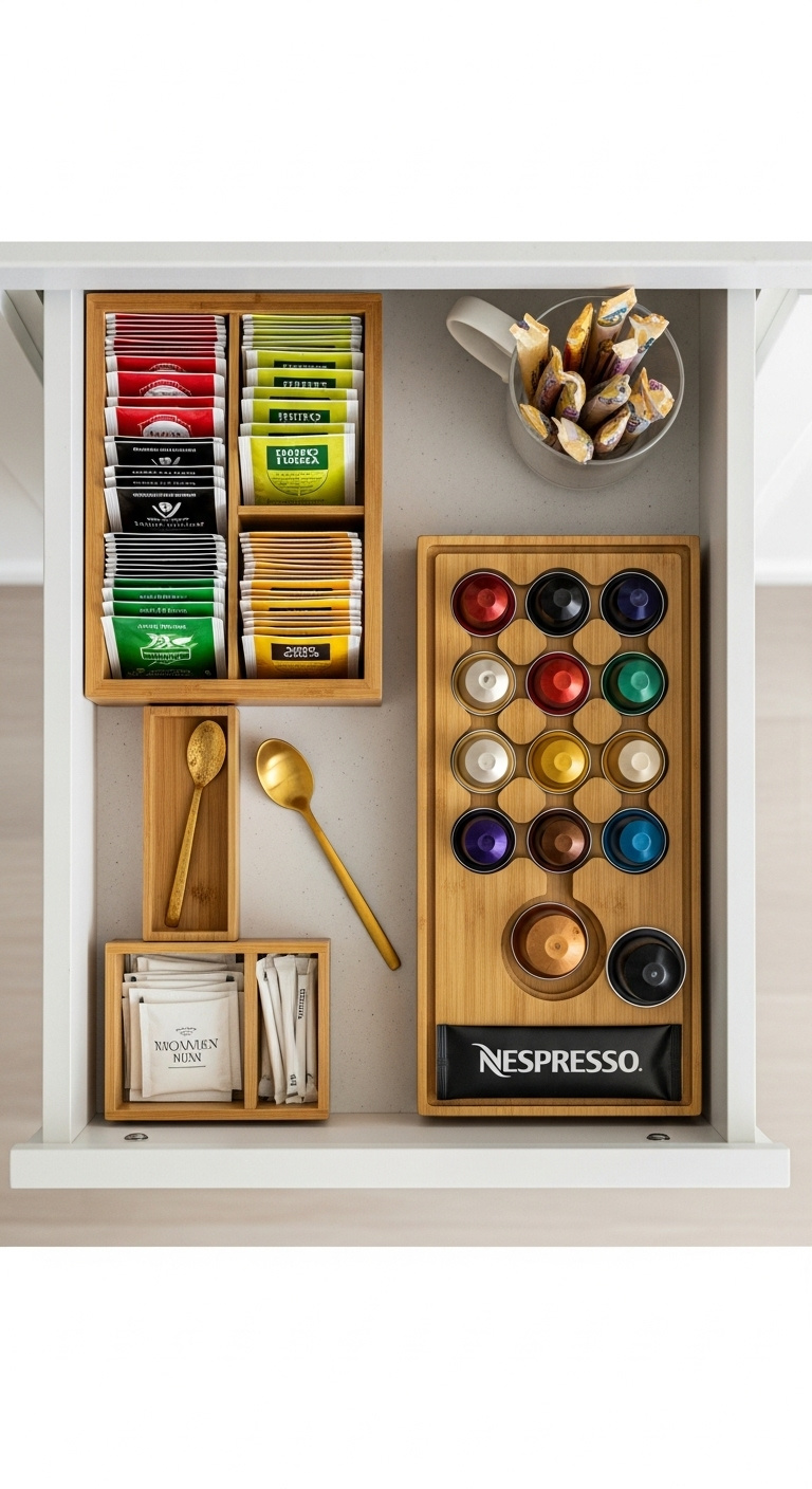 Open kitchen drawer with bamboo organizer neatly sorting tea bags Nespresso pods sugar packets and stir sticks
