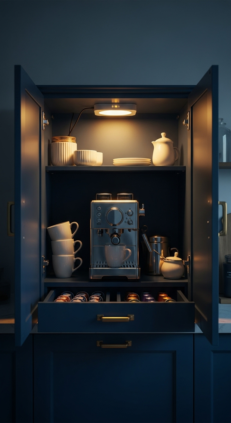 Open navy kitchen cabinet converted into a coffee nook with an espresso machine puck light stacked mugs and coffee pods
