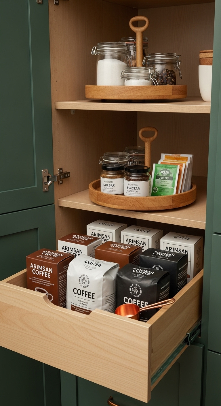 Open pantry cabinet with pull-out drawer organized coffee beans filters and lazy susan with tea bags