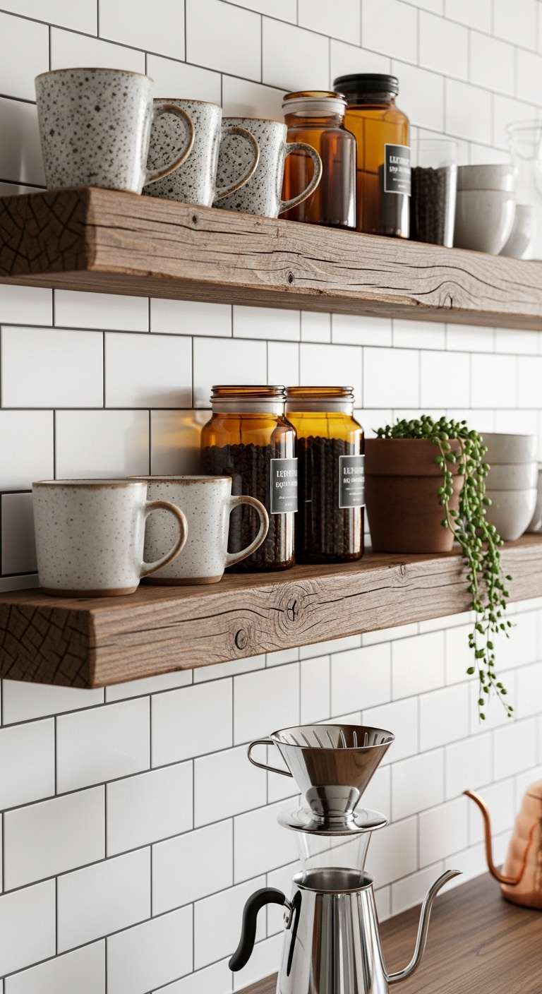 Open shelving bistro coffee bar with rustic wood shelves ceramic mugs coffee beans and pour over setup