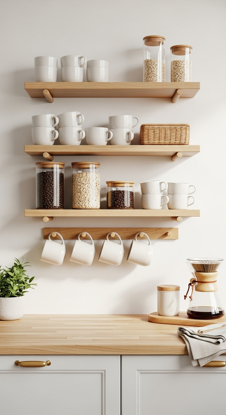 Open shelving coffee bar with light wood shelves white mugs glass canisters and a wooden peg rack on a white wall