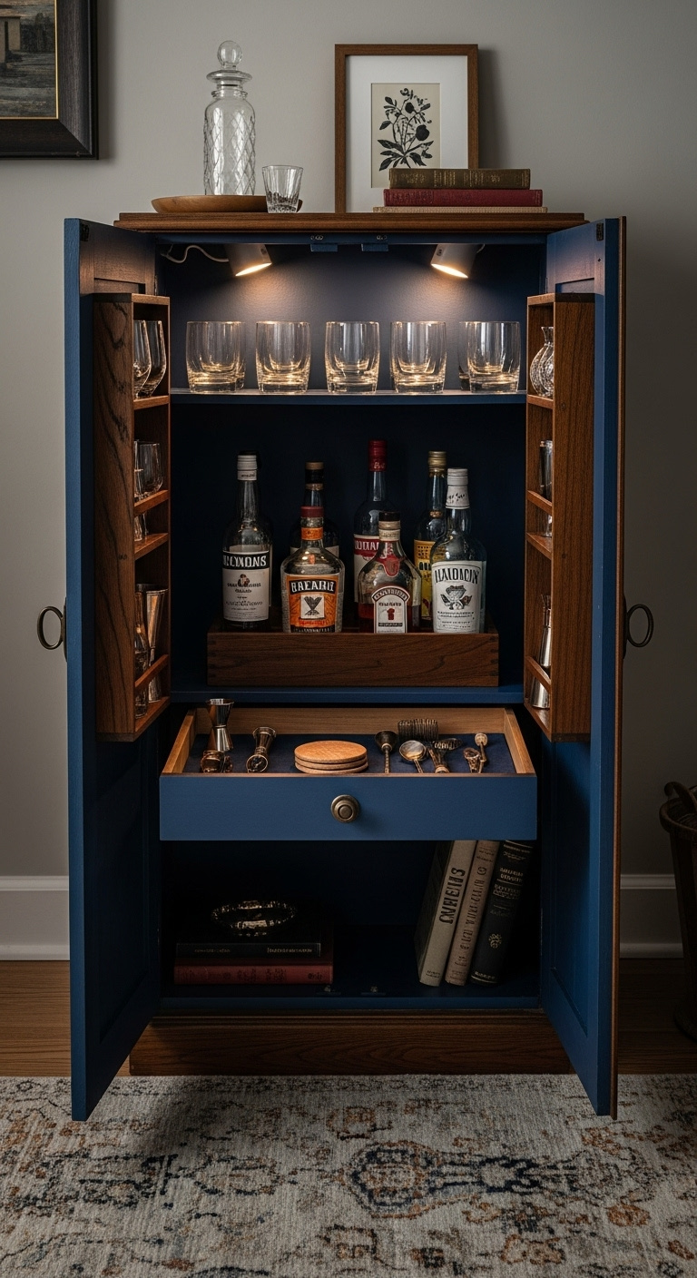 Open vintage wooden cabinet converted into a dry bar with glassware liquor bottles and bar tools in a drawer