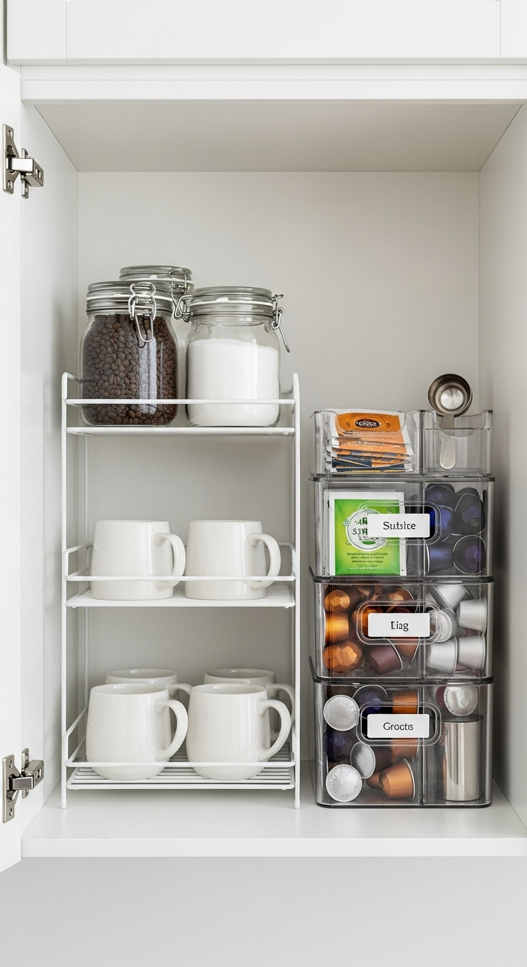 Open white kitchen cabinet with vertical coffee station organizer tiered shelf mugs glass jars and clear acrylic bins with coffee pods and tea bags