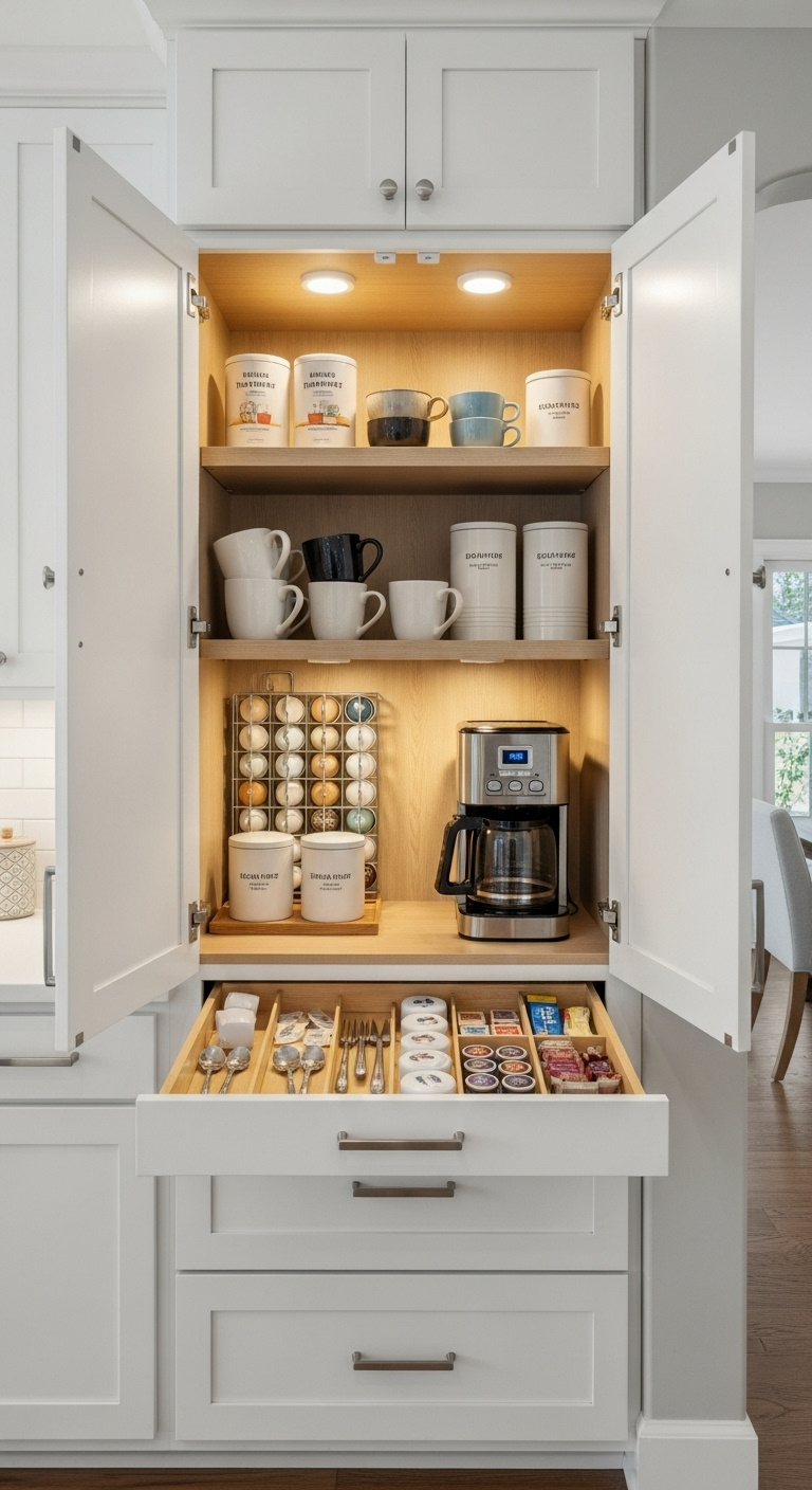 Open white pantry cabinet revealing a perfectly organized built in coffee station with coffee maker mugs and canisters