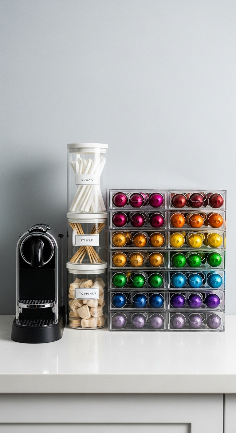 Organized Nespresso home coffee bar with clear acrylic organizers rainbow-sorted pods and minimalist labels