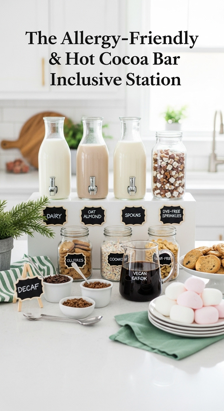 Organized allergy friendly beverage bar with labeled carafes of milk gluten free cookies and dye free sprinkles