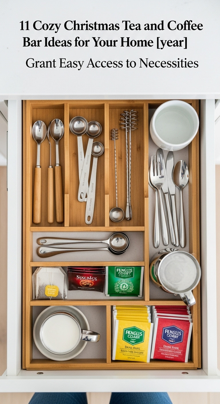 Organized coffee bar drawer with bamboo dividers holding stirring spoons milk frother and tea bags