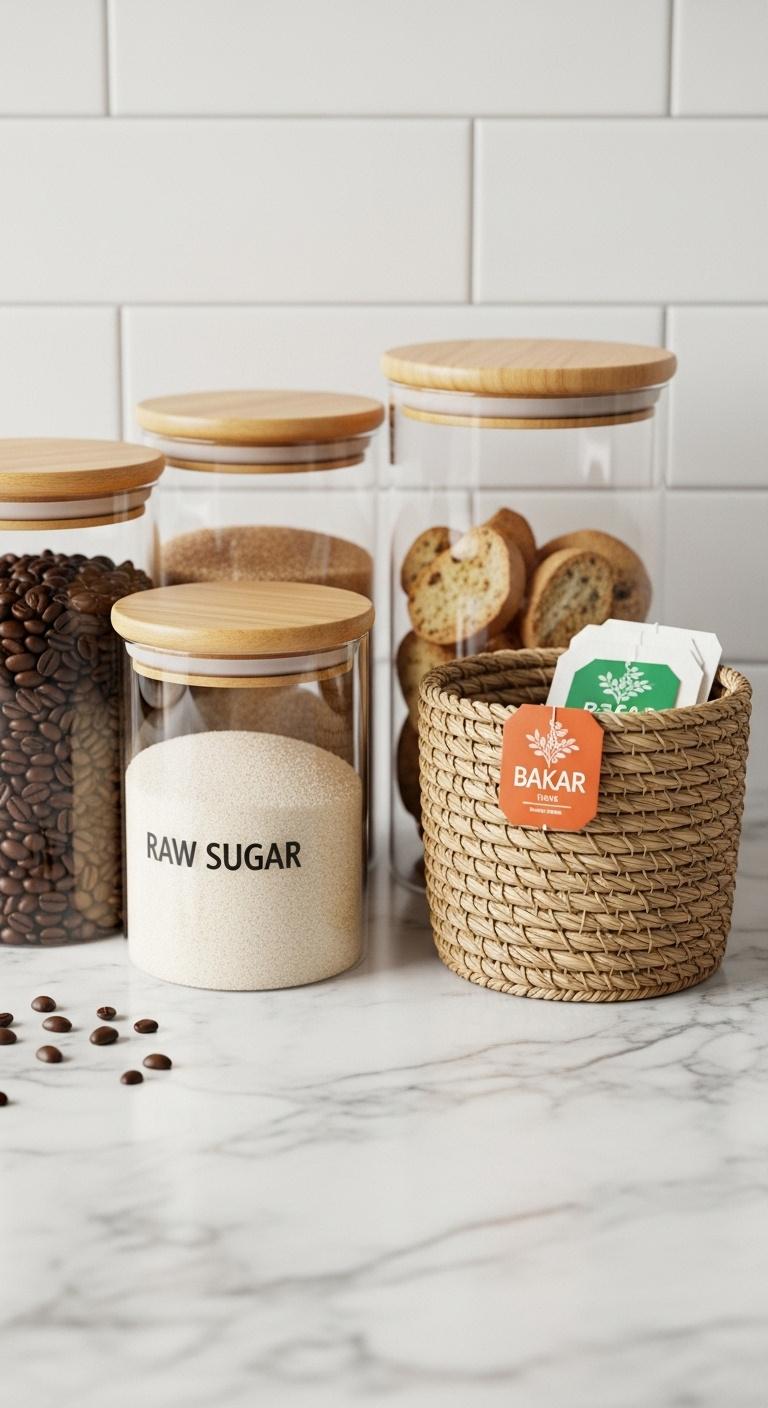 Organized coffee bar storage with glass canisters of coffee beans sugar biscotti and a seagrass basket of tea bags